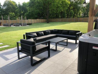 Loungeset Roma Nero aluminium hoekbank met stoel en tafel
